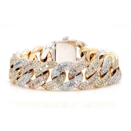 Tri-Color Gold Natural Diamond Baguette & Round Cuban Bracelet