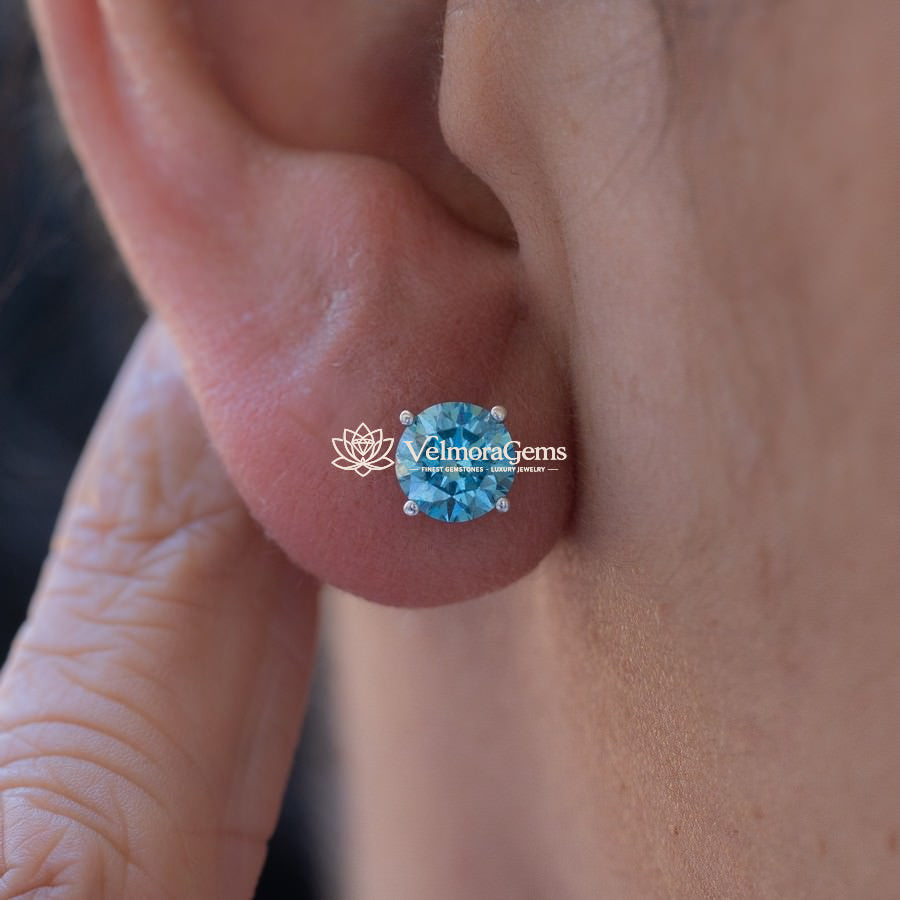 14K White Gold Fancy Vivid Blue Matching Stud Earrings