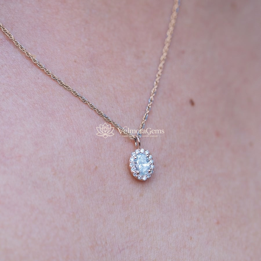 Lab-Created Diamond Oval Halo Pendant E-F VS)
