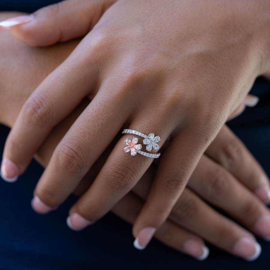Twin Blossom Ring – Fancy Vivid Pink and White Lab-Created Diamonds E-F VS)