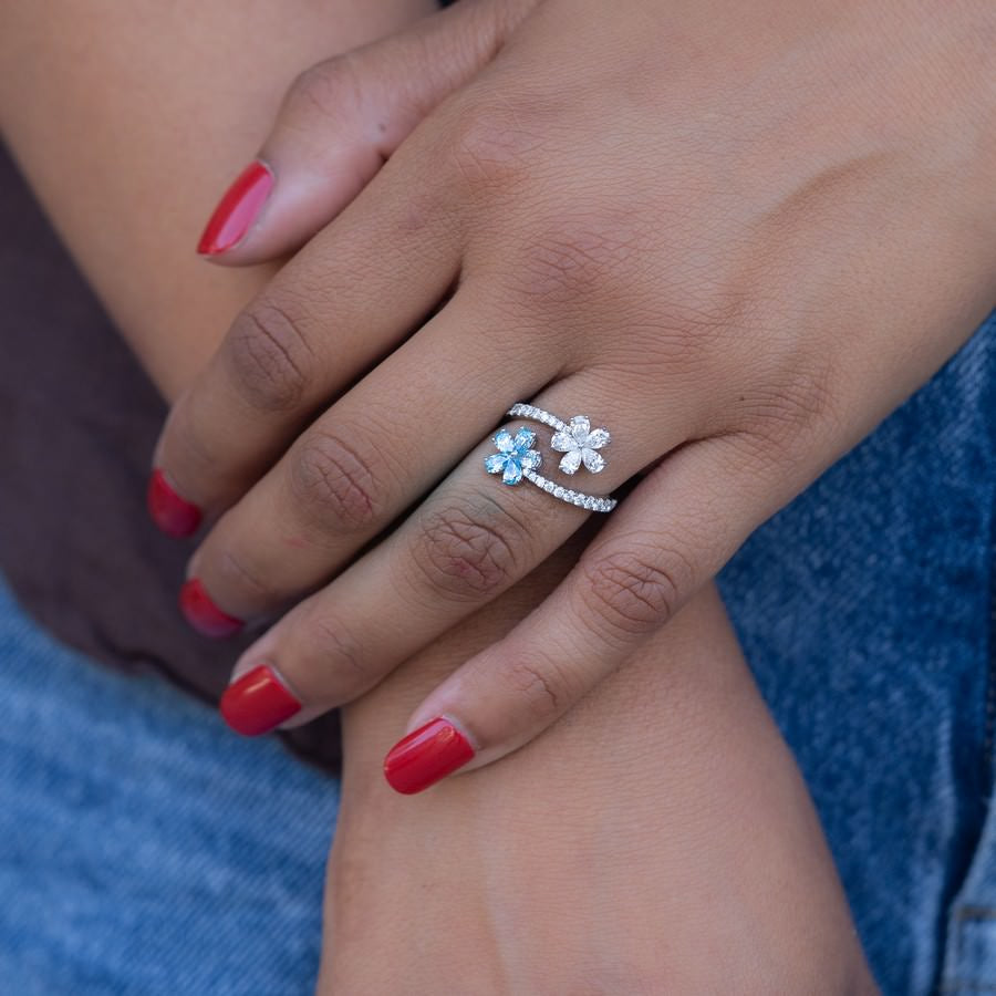 Twin Blossom Ring – Fancy Vivid Blue and White Lab-Created Diamonds E-F VS)