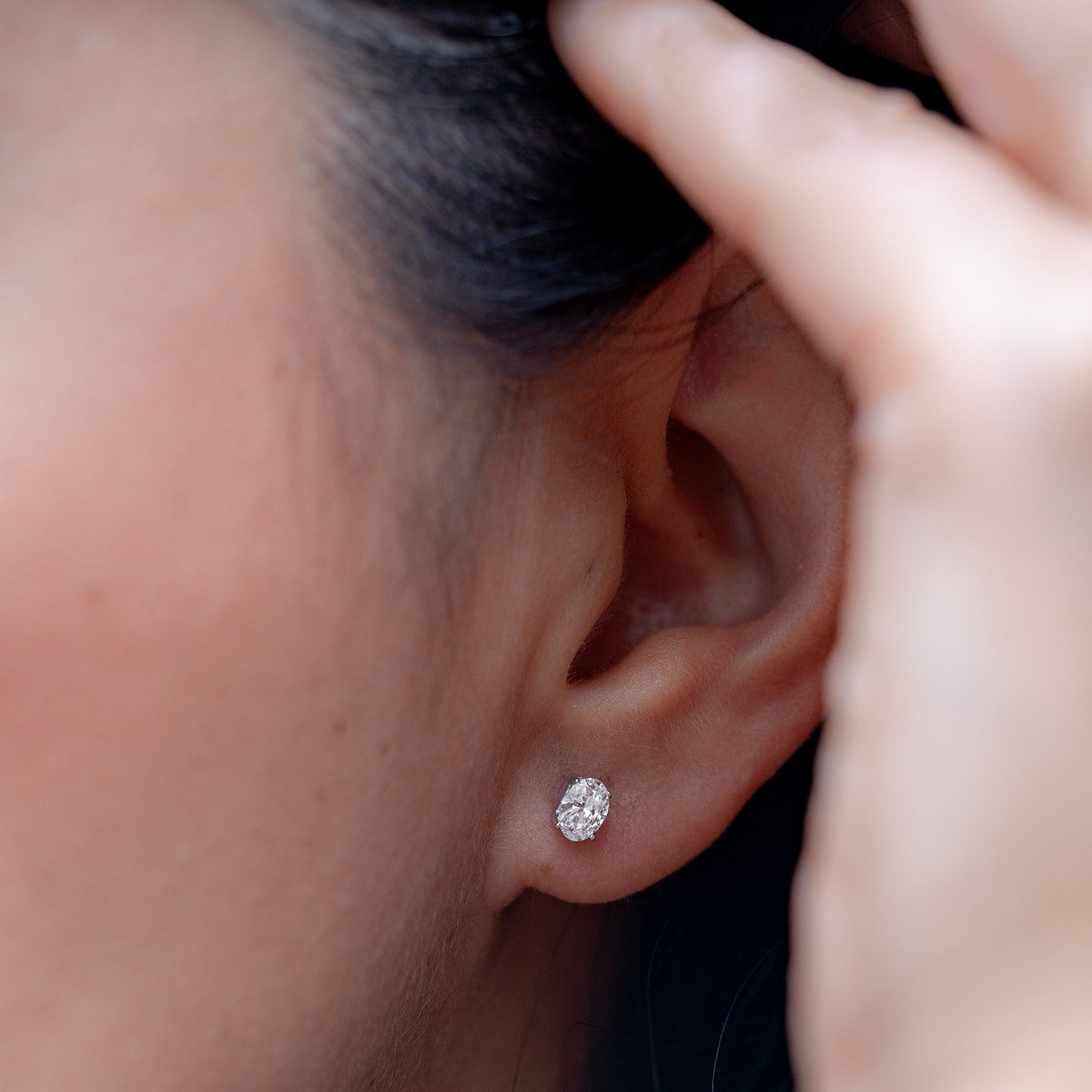 Oval Lab-Created Diamond 4-Prong Pushback Stud Earrings F-G SI)