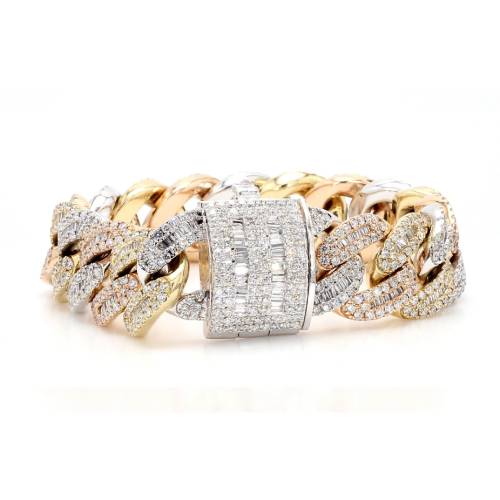 Tri-Color Gold Natural Diamond Baguette & Round Cuban Bracelet