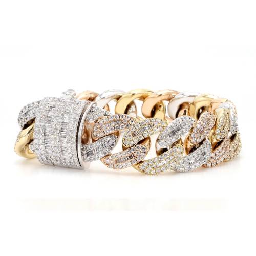 Tri-Color Gold Natural Diamond Baguette & Round Cuban Bracelet