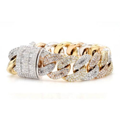 Tri-Color Gold Natural Diamond Baguette & Round Cuban Bracelet