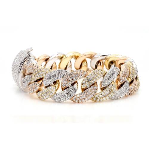 Tri-Color Gold Natural Diamond Baguette & Round Cuban Bracelet