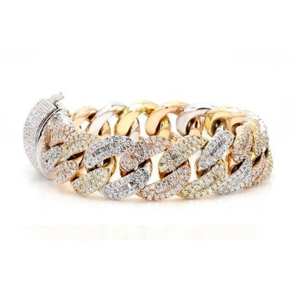Tri-Color Gold Natural Diamond Baguette & Round Cuban Bracelet
