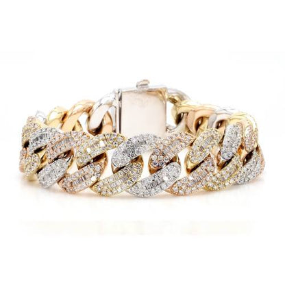 Tri-Color Gold Natural Diamond Baguette & Round Cuban Bracelet