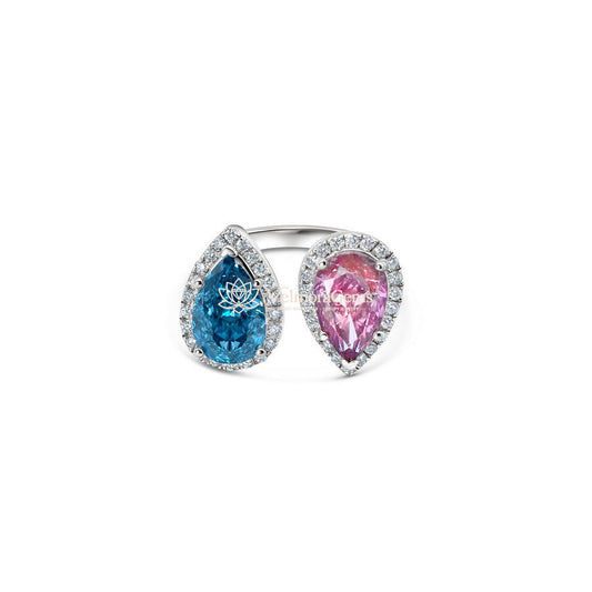 IGI Certified Lab-Created Diamond Dual Pear Halo Toi-et-Moi Ring in Vivid Blue and Vivid Pink VS)