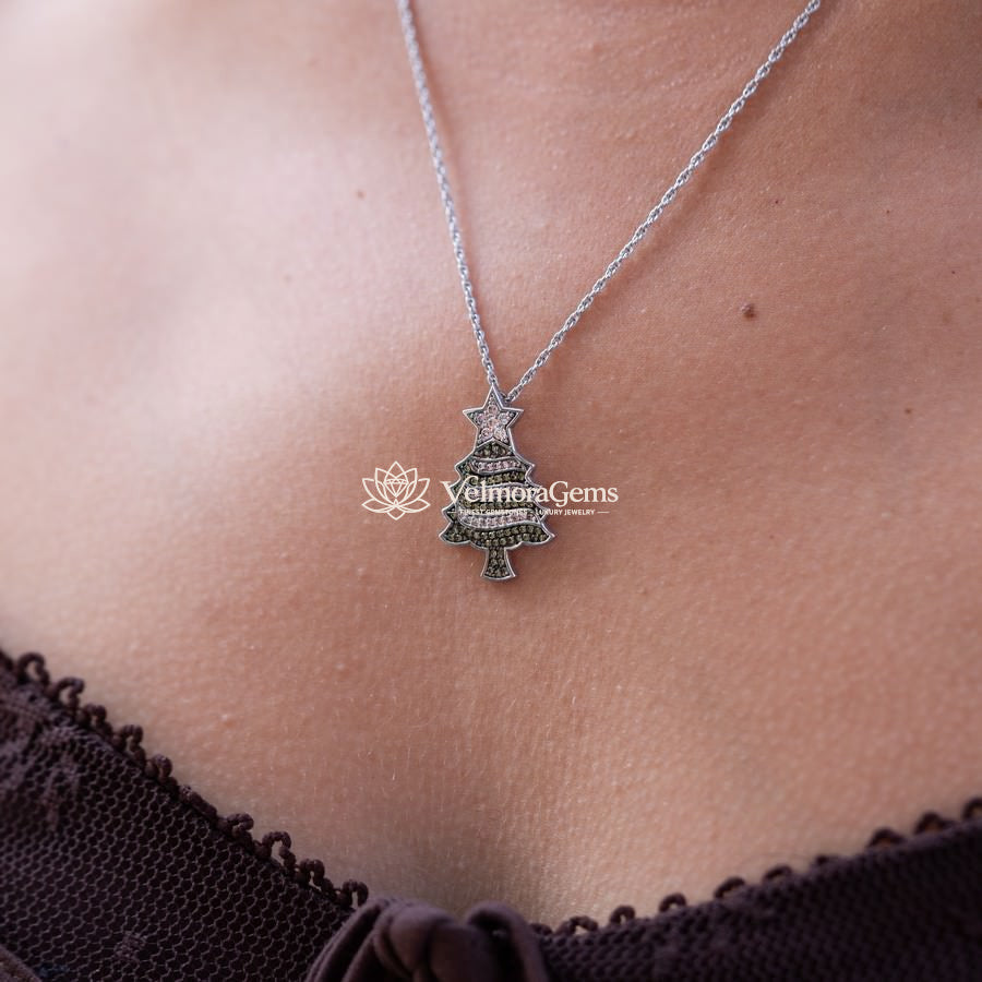 Lab-Created Green and White Diamond Christmas Tree Pendant Necklace VS)