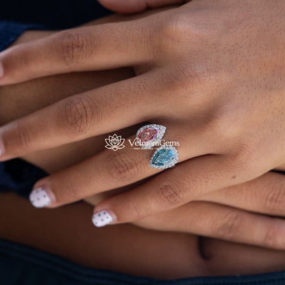 IGI Certified Lab-Created Diamond Dual Pear Halo Toi-et-Moi Ring in Vivid Blue and Vivid Pink VS)