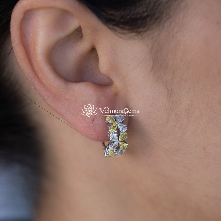 Lab-Created Yellow & White Diamond Pear Floral Huggie Earrings VS)