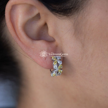 Lab-Created Yellow & White Diamond Pear Floral Huggie Earrings VS)