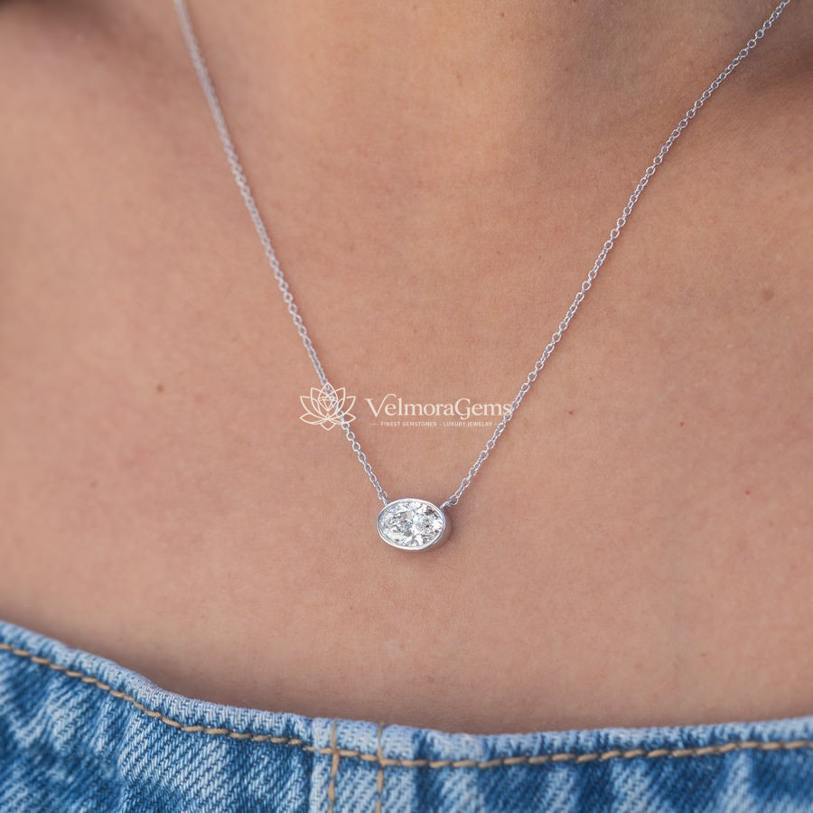 IGI Certified Oval Lab-Created Diamond Bezel Pendant Necklace F VS)