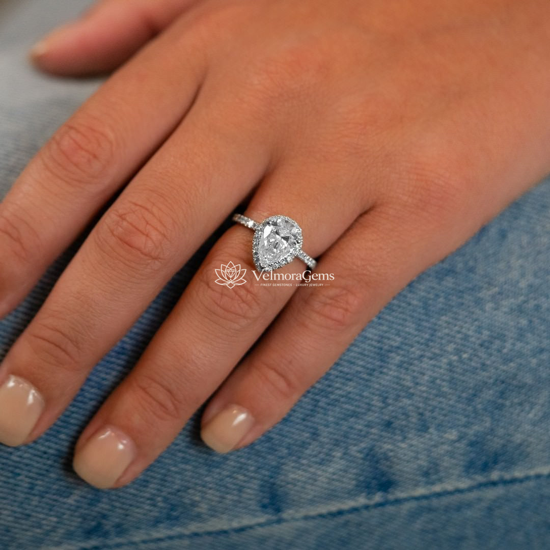 IGI Certified Lab-Created Diamond Pear Shape Halo Pave Ring F VS)