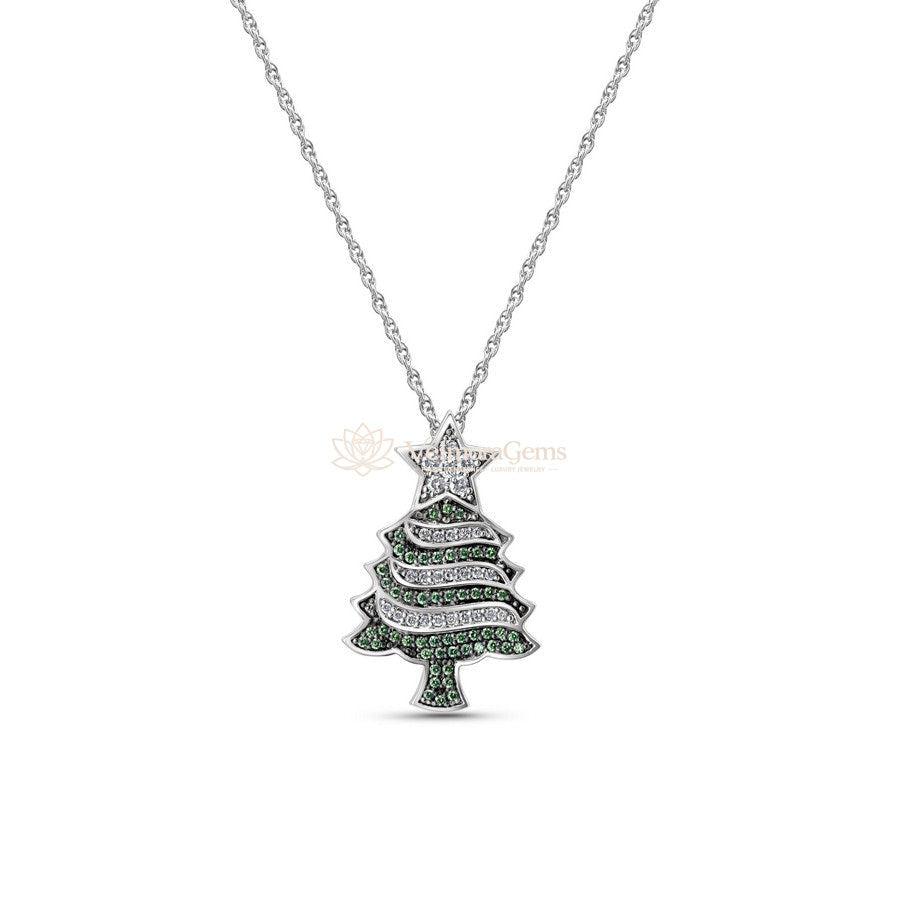 Lab-Created Green and White Diamond Christmas Tree Pendant Necklace VS)