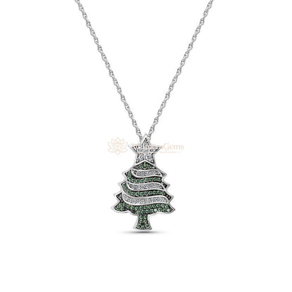 Lab-Created Green and White Diamond Christmas Tree Pendant Necklace VS)