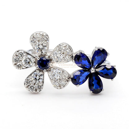 Lab-Created Sapphire & Diamond Dual Floral Ring VS)