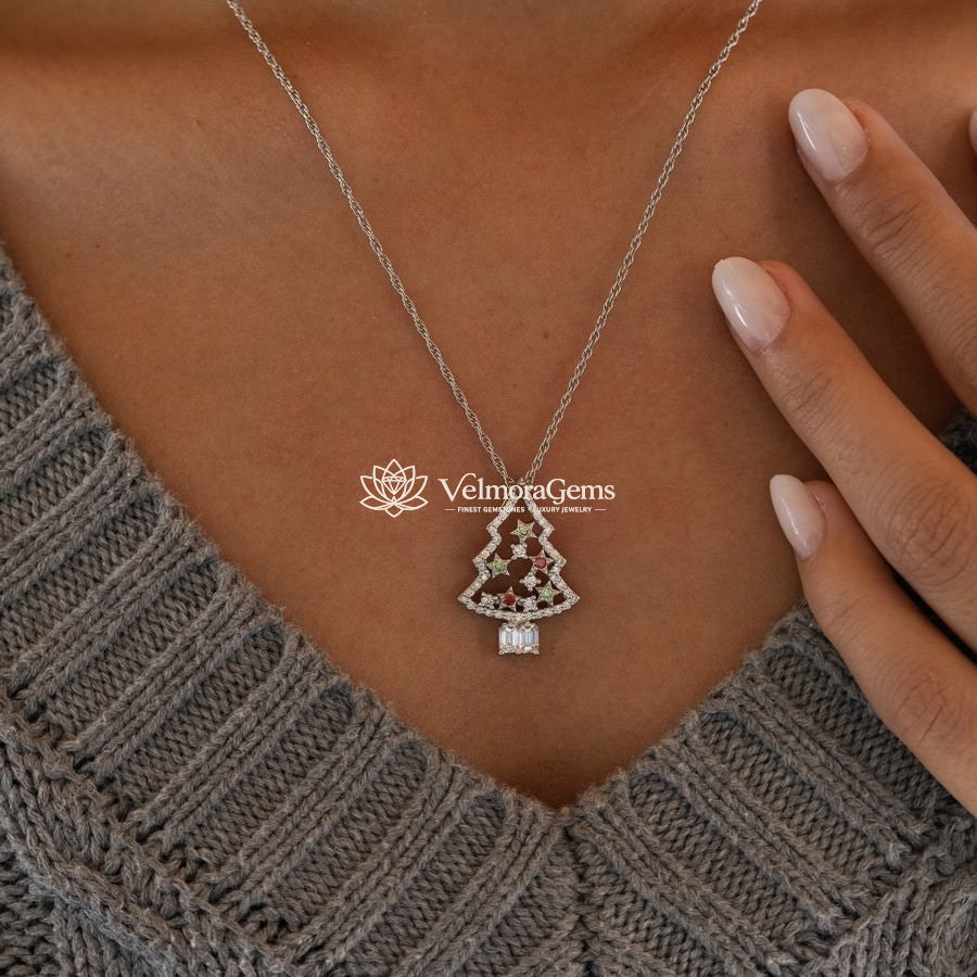 Lab-Created Red, Green, and White Diamond Christmas Tree Pendant Necklace VS)