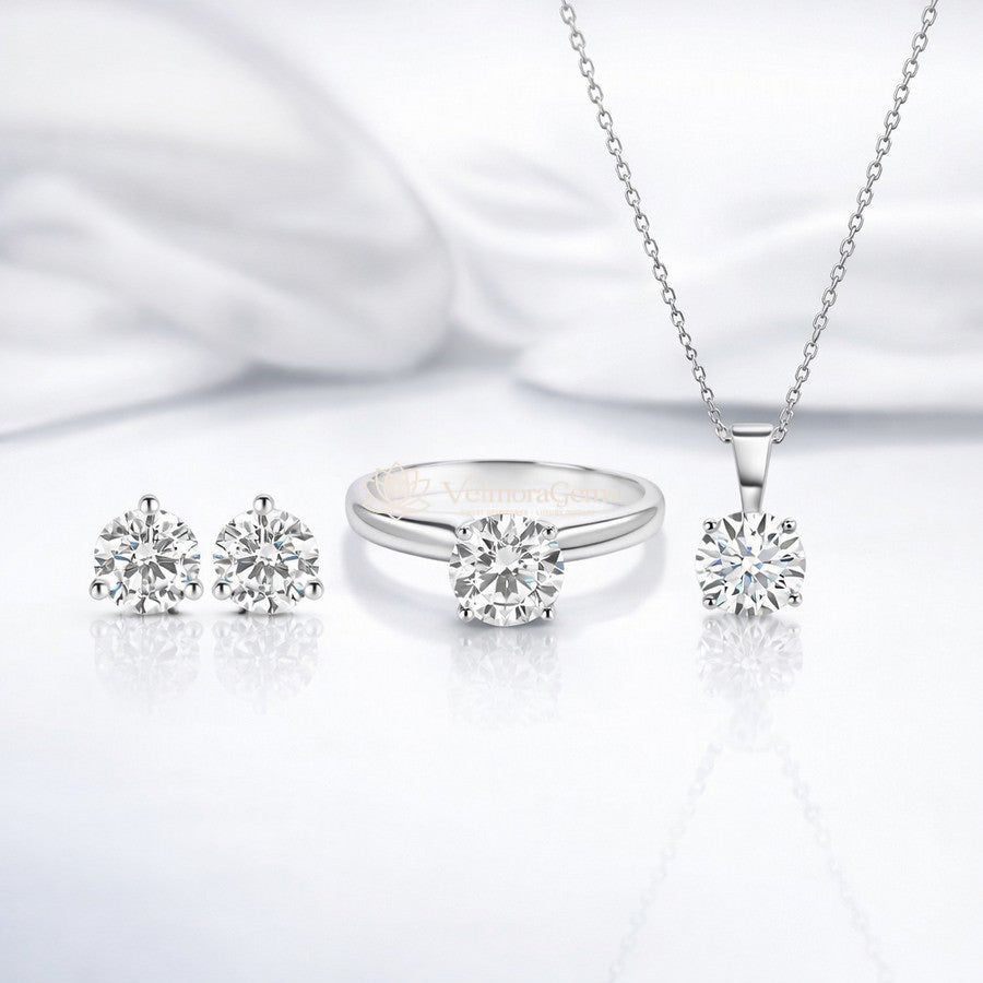 Essential Trio – Lab Diamond Matching Stud Earrings, Pendant & Solitaire Ring (F-G SI)