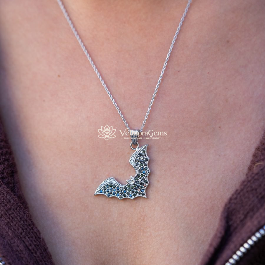 Lab-Created Black and White Diamond Bat Pendant Necklace VS)