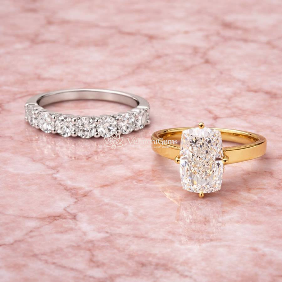 Signature Cushion Harmony Set – Cushion Hidden Halo Euro Shank Ring & 7-Stone Band (F-G SI)