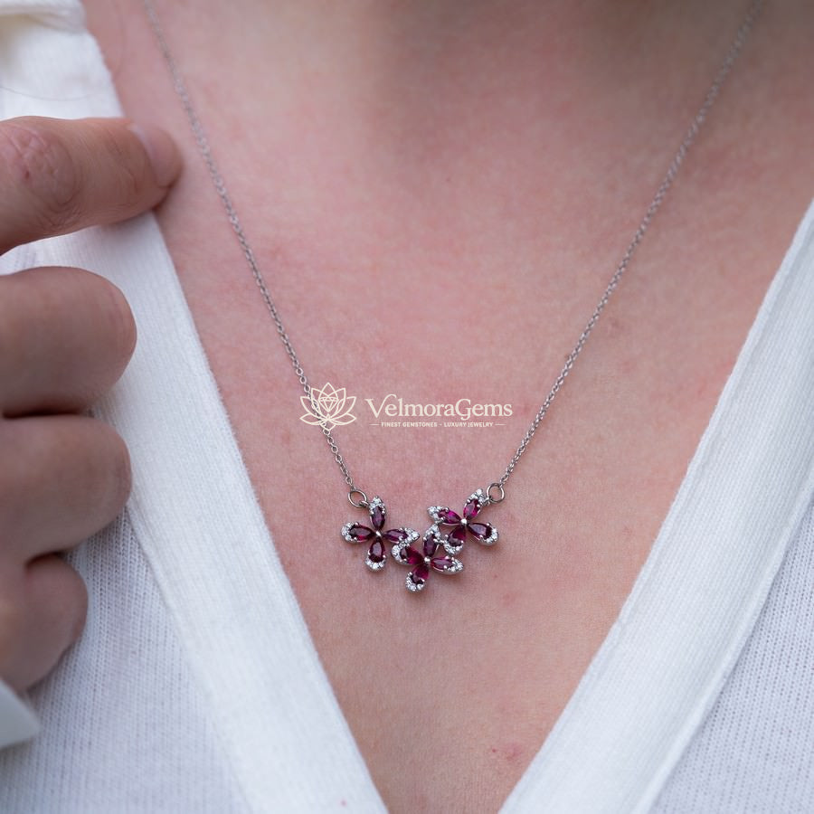 Lab-Created Ruby & Diamond Triple Floral Pendant Necklace SI)