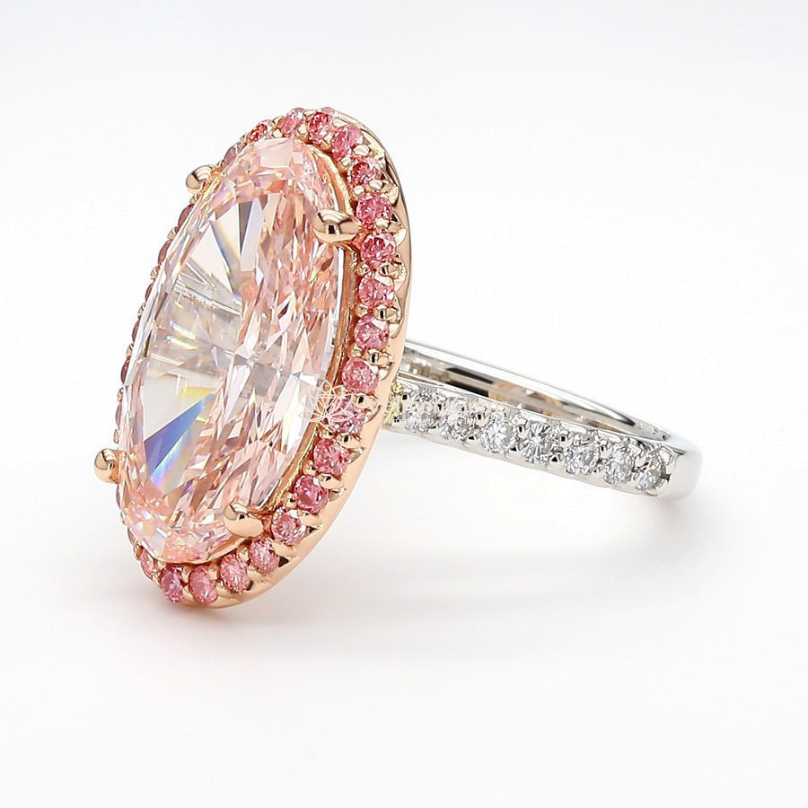 IGI Certified Lab-Created Diamond Pink Oval Two-Tone Halo Pave Ring VS)
