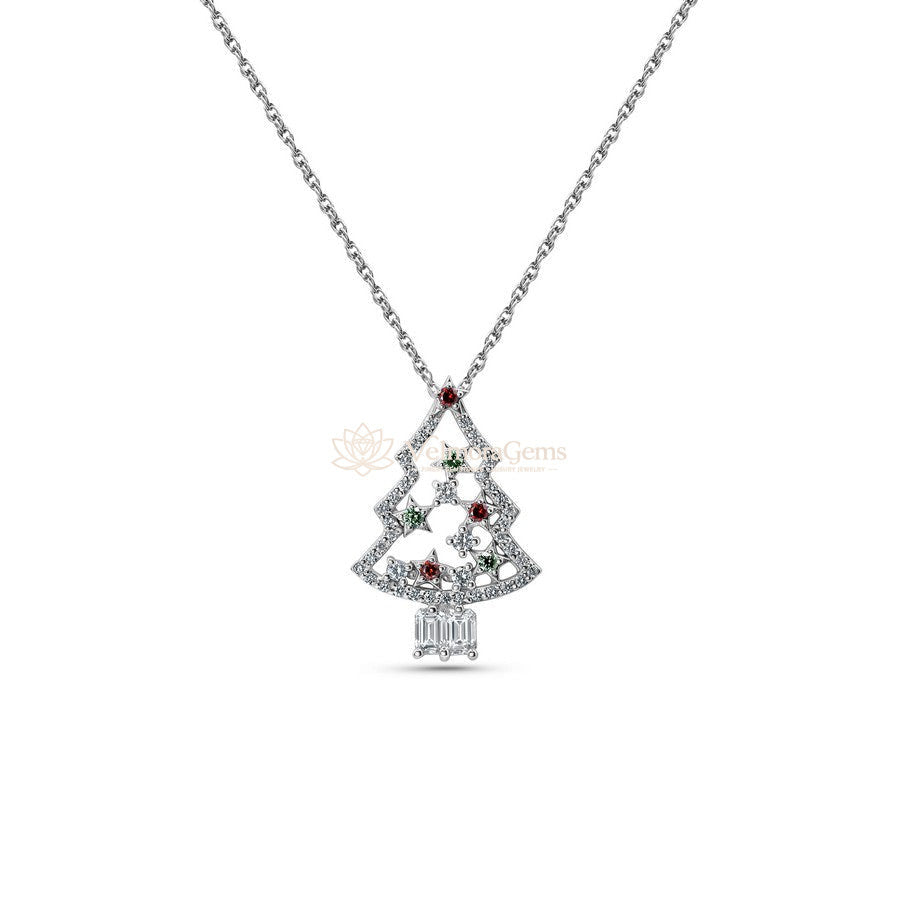 Lab-Created Red, Green, and White Diamond Christmas Tree Pendant Necklace VS)