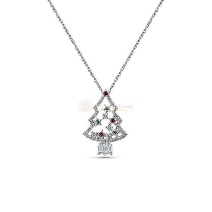 Lab-Created Red, Green, and White Diamond Christmas Tree Pendant Necklace VS)