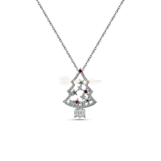 Lab-Created Red, Green, and White Diamond Christmas Tree Pendant Necklace VS)
