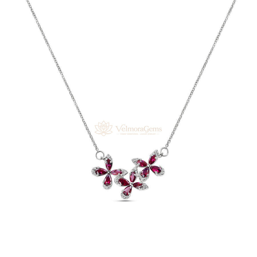 Lab-Created Ruby & Diamond Triple Floral Pendant Necklace SI)