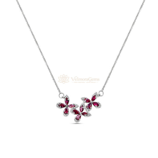 Lab-Created Ruby & Diamond Triple Floral Pendant Necklace SI)
