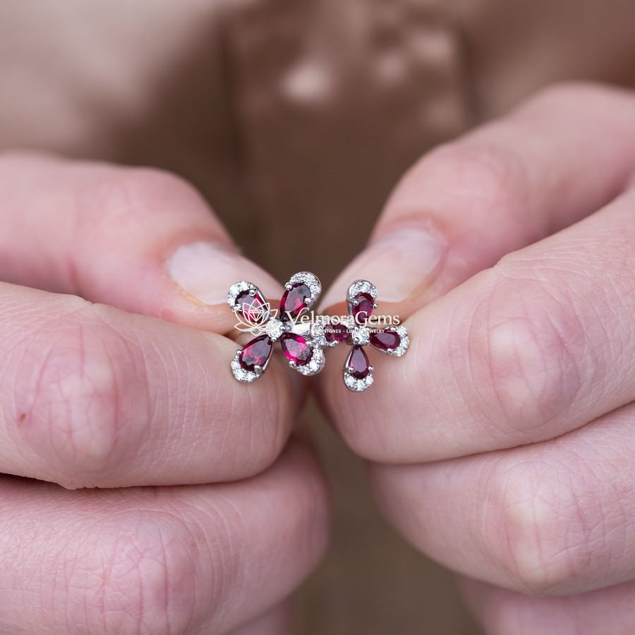 Lab-Created Ruby & Diamond Dual Floral Ring VS)