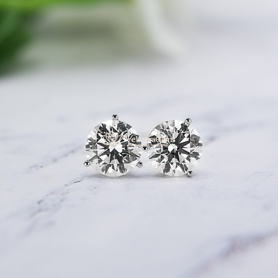 IGI Certified Round Lab-Created Diamond 3 Prong Martini Push Back Stud Earring (6.00- F VVS2 ID-EX Cut)
