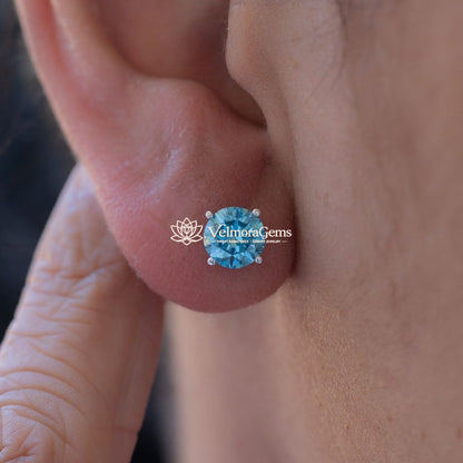 14K White Gold Fancy Vivid Blue Matching Stud Earrings