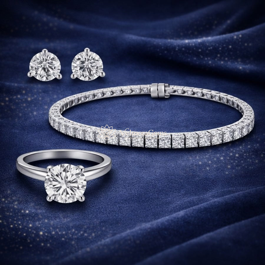 The Prestige Trio – Matching Stud Earrings, Solitaire Ring & Tennis Bracelet (F-G SI)