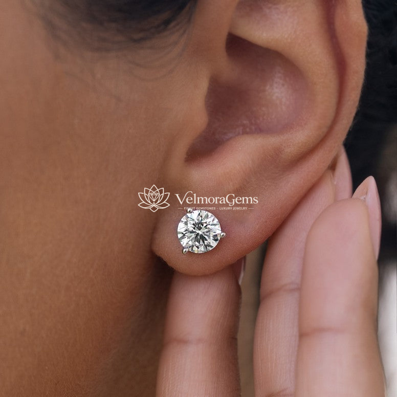 IGI Certified Round Lab-Created Diamond 3 Prong Martini Push Back Stud Earring (3.00- D VVS1 ID-EX Cut)