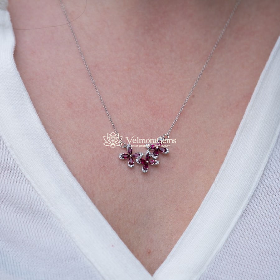 Lab-Created Ruby & Diamond Triple Floral Pendant Necklace SI)