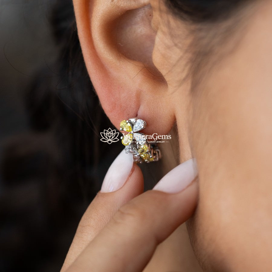Lab-Created Yellow & White Diamond Pear Floral Huggie Earrings VS)