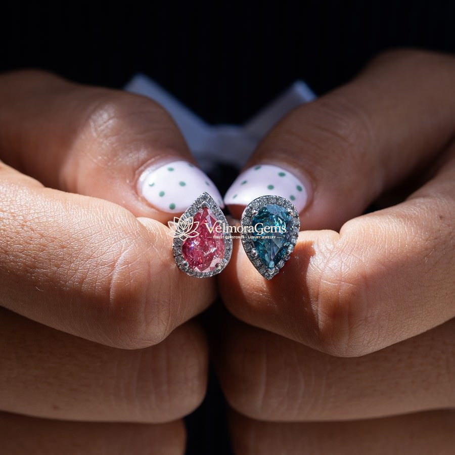 IGI Certified Lab-Created Diamond Dual Pear Halo Toi-et-Moi Ring in Vivid Blue and Vivid Pink VS)