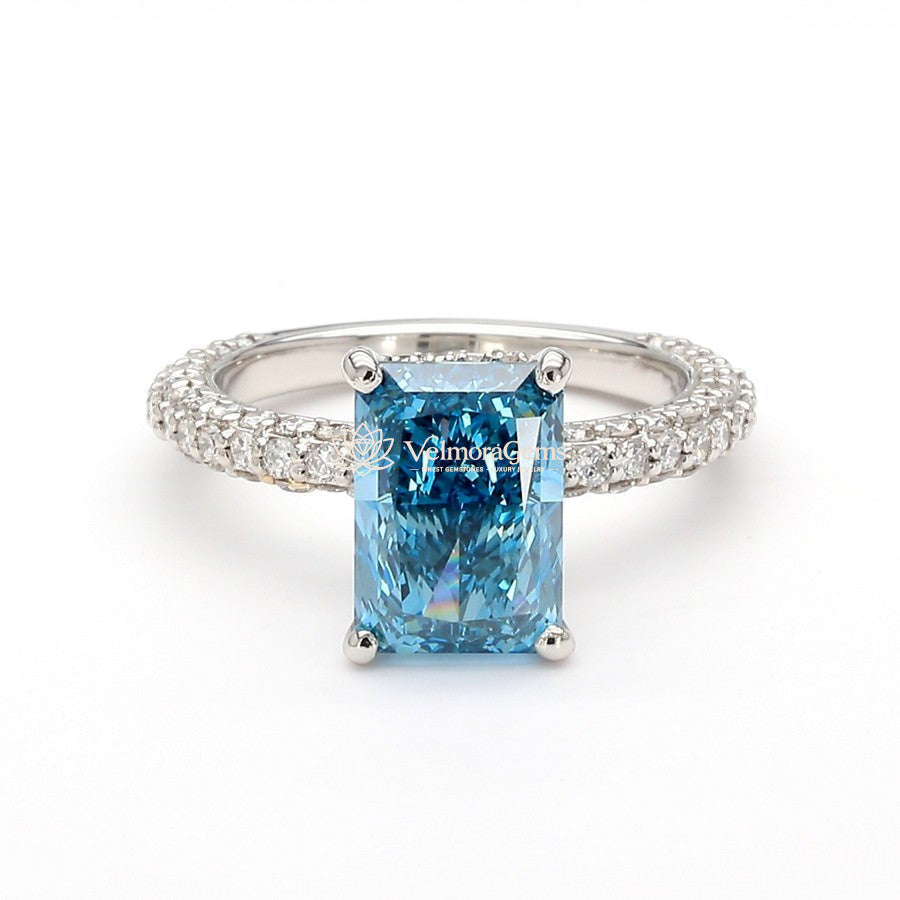 IGI Certified Lab-Created Diamond Blue Emerald 3-Way Pave with Hidden Halo Ring Blue VS)