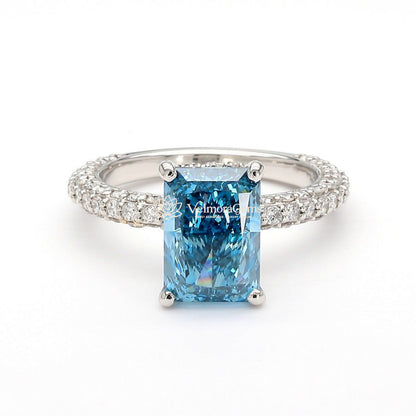IGI Certified Lab-Created Diamond Blue Emerald 3-Way Pave with Hidden Halo Ring Blue VS)