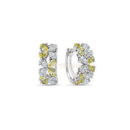 Lab-Created Yellow & White Diamond Pear Floral Huggie Earrings VS)