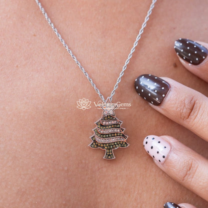 Lab-Created Green and White Diamond Christmas Tree Pendant Necklace VS)