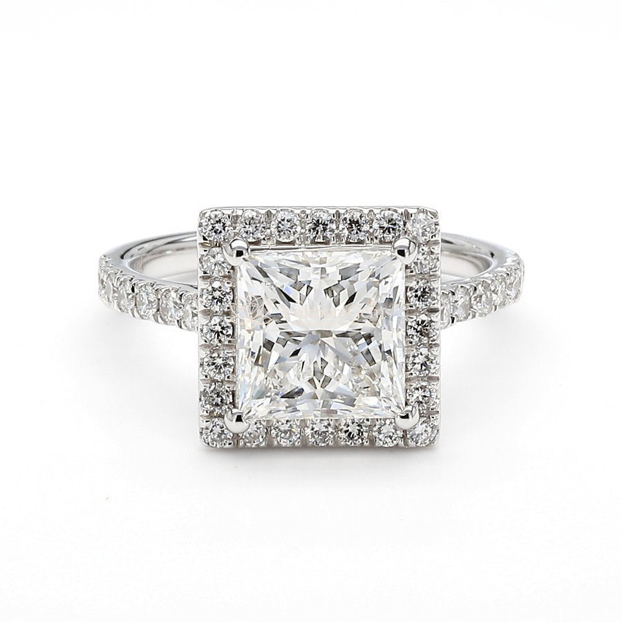14K White Gold Princess Halo Pave RIng